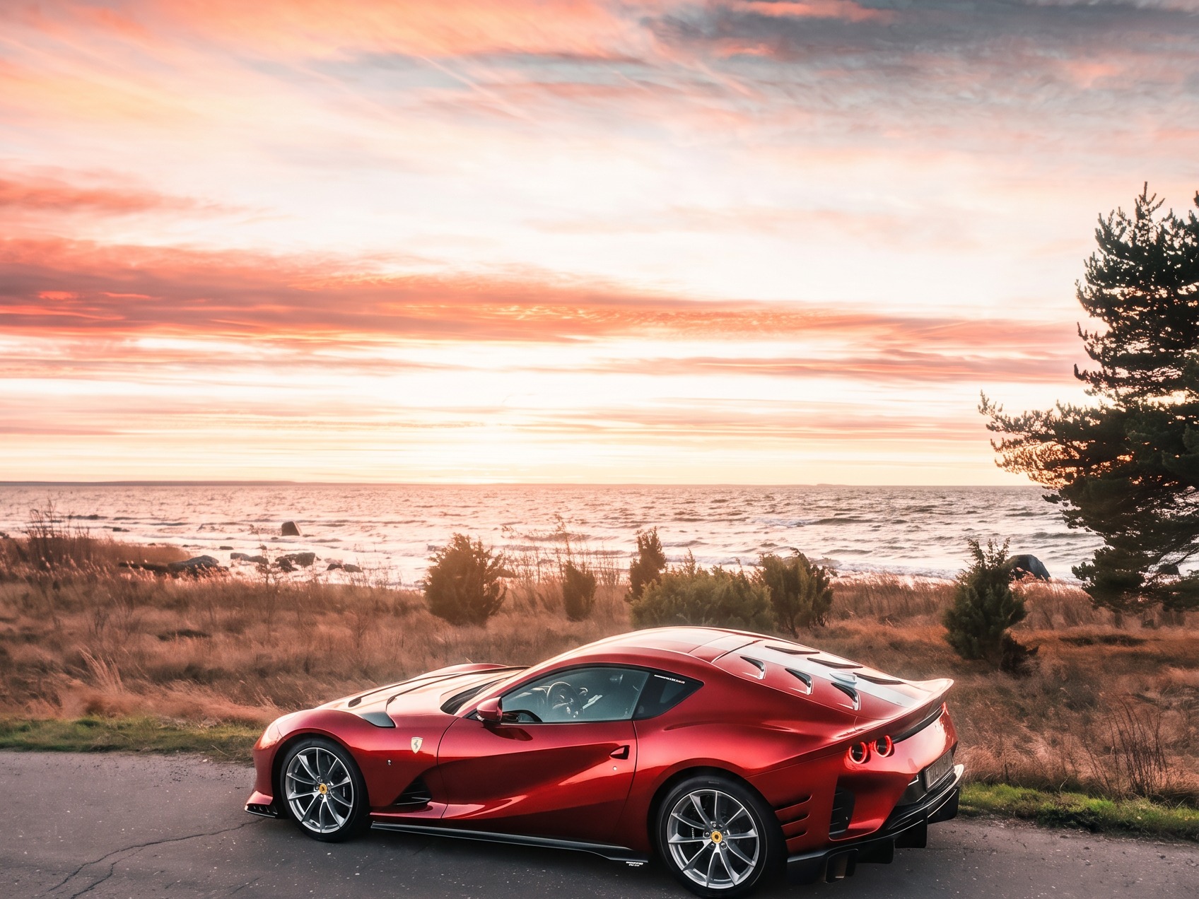 A red Ferrari 812 Superfast at sunset on a coastal road
