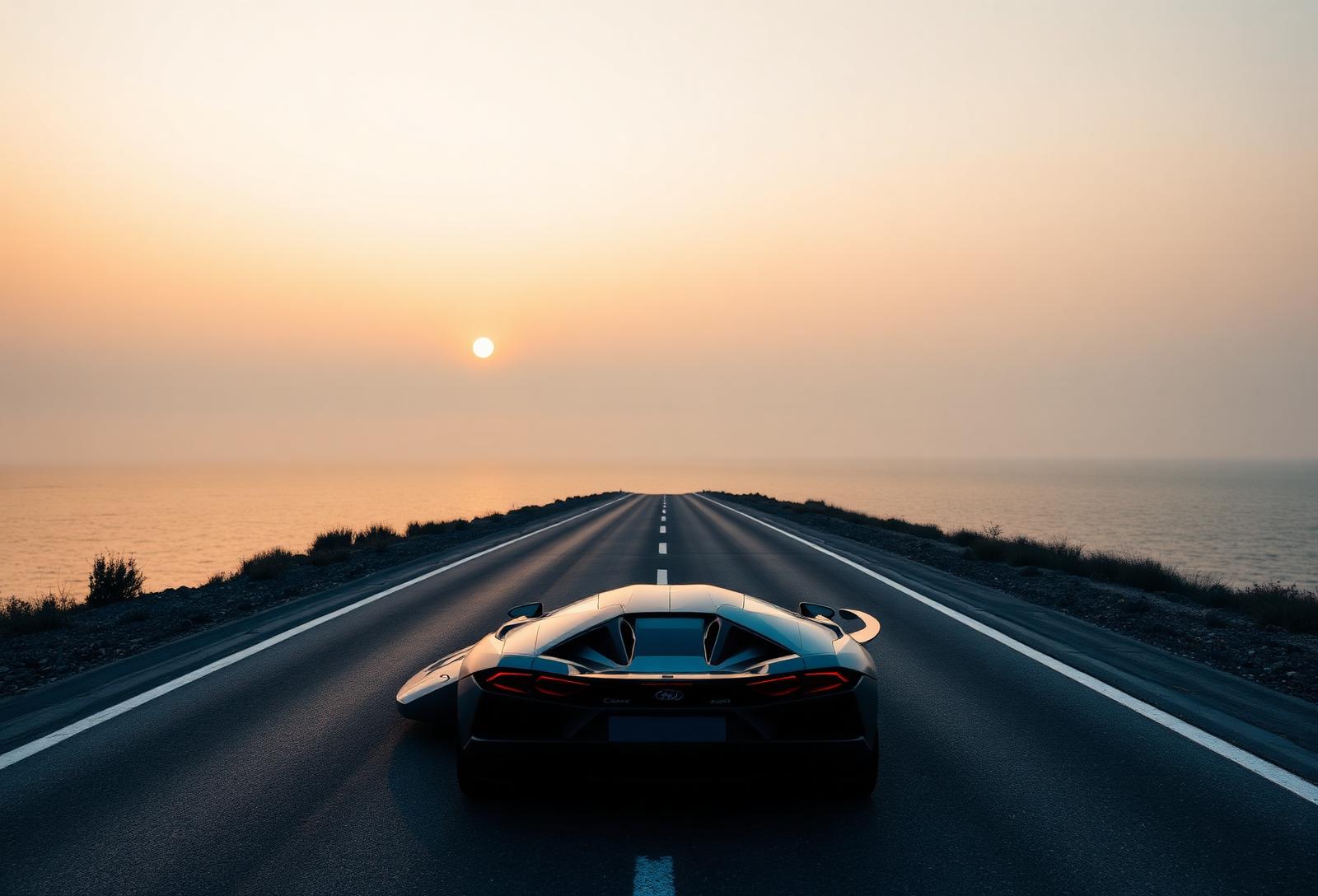 A lone luxury sports car on an empty coastal road at sunrise